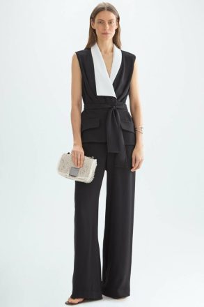 Black/Ivory Women Purificacion Garci Two-Piece Effect Crepe Fitted Jumpsuit Dresses