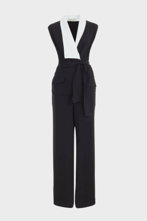 Black/Ivory Women Purificacion Garci Two-Piece Effect Crepe Fitted Jumpsuit Dresses - Image 5