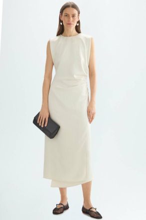 Dresses Ecru Women Draped Satin Crepe Fitted Midi Dress Purificacion Garci