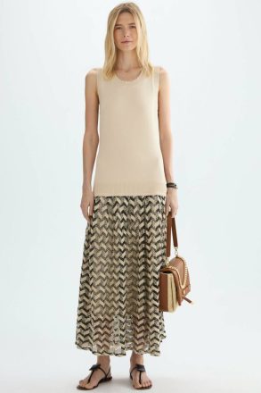 Ecru/Black Purificacion Garci Zigzag Combined Knit Fitted Midi Dress Women Dresses
