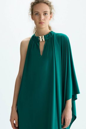 Emerald Green Purificacion Garci Evening Women Cubiflor Satin Knit Long Halter Dress - Image 2