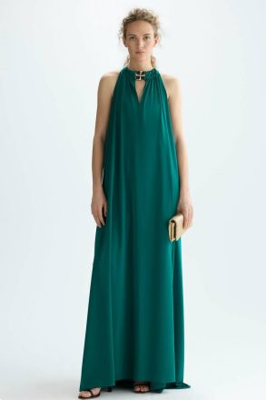 Emerald Green Purificacion Garci Evening Women Cubiflor Satin Knit Long Halter Dress