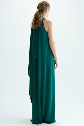 Emerald Green Purificacion Garci Evening Women Cubiflor Satin Knit Long Halter Dress - Image 3