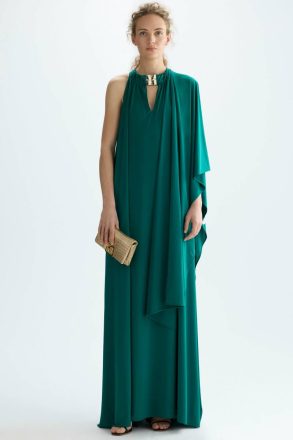 Emerald Green Purificacion Garci Evening Women Cubiflor Satin Knit Long Halter Dress - Image 4
