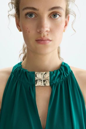 Emerald Green Purificacion Garci Evening Women Cubiflor Satin Knit Long Halter Dress - Image 5