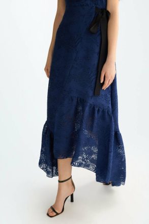 Evening Women Navy Purificacion Garci Ruffled-Hem Fil Coupé Fitted Midi Dress - Image 2