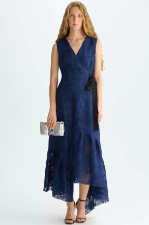 Evening Women Navy Purificacion Garci Ruffled-Hem Fil Coupé Fitted Midi Dress