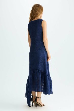 Evening Women Navy Purificacion Garci Ruffled-Hem Fil Coupé Fitted Midi Dress - Image 4