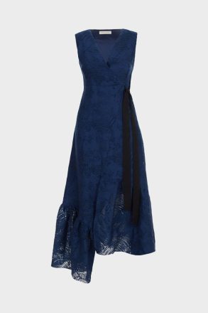 Evening Women Navy Purificacion Garci Ruffled-Hem Fil Coupé Fitted Midi Dress - Image 5