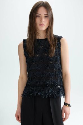 Fringed Pointelle Knit Paper Thread Straight-Fit Top Black T-Shirts And Tops Purificacion Garci Women