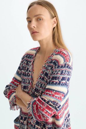 Fringed Striped Woven Straight-Fit Cardigan Jackets Women Purificacion Garci Navy/Red/Ecru - Image 2