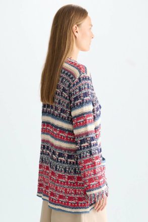 Fringed Striped Woven Straight-Fit Cardigan Jackets Women Purificacion Garci Navy/Red/Ecru - Image 3