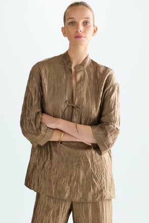 Gold Purificacion Garci Evening Metallic Crinkle Oversize Blouse Women