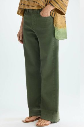 Khaki Trousers Purificacion Garci Frayed Twill Straight-Leg Trousers Women