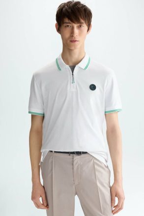 Men Stretch-Piqué Half-Zip Slim Fit Polo Shirt Purificacion Garci White Polo Shirts