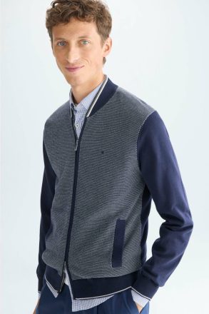 Navy/Ecru Knitwear Purificacion Garci Pima Cotton Jacquard Knit Bomber Jacket Men - Image 2