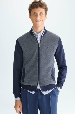 Navy/Ecru Outerwear Pima Cotton Jacquard Knit Bomber Jacket Men Purificacion Garci