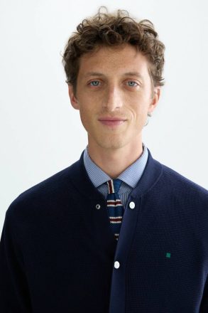 Navy Knitwear Men Pima Cotton Textured Knit Bomber Jacket Purificacion Garci - Image 2