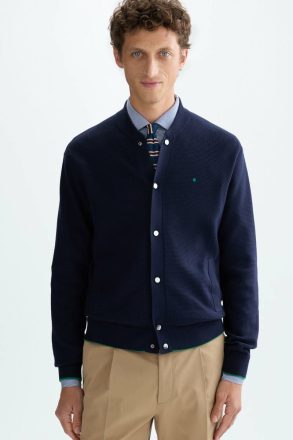 Navy Knitwear Men Pima Cotton Textured Knit Bomber Jacket Purificacion Garci