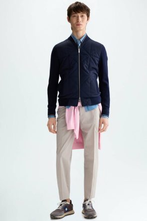 Origami Quilted Nylon Knit Bomber Jacket Men Knitwear Purificacion Garci Navy - Image 4