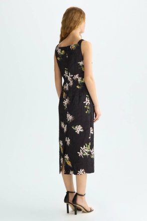 Purificacion Garci Black/Multicolor Women Evening Florigami Print Crinkle Satin Fitted Midi Dress - Image 3
