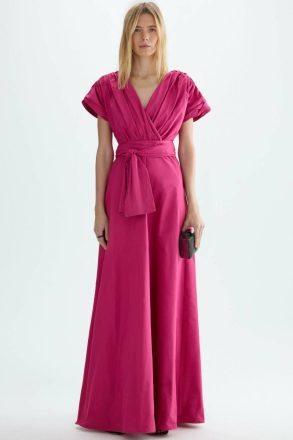 Purificacion Garci Draped Taffeta Long Dress Pink Evening Women