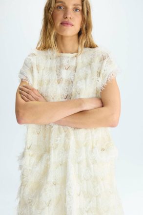 Purificacion Garci Evening Fringed Pointelle Knit Paper Thread Oversize Gilet Ecru Women - Image 2