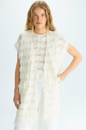 Purificacion Garci Evening Fringed Pointelle Knit Paper Thread Oversize Gilet Ecru Women