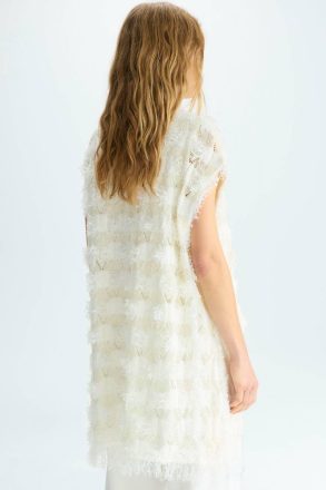 Purificacion Garci Evening Fringed Pointelle Knit Paper Thread Oversize Gilet Ecru Women - Image 3