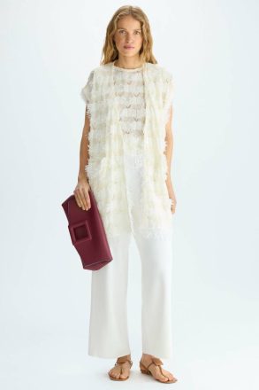 Purificacion Garci Evening Fringed Pointelle Knit Paper Thread Oversize Gilet Ecru Women - Image 4