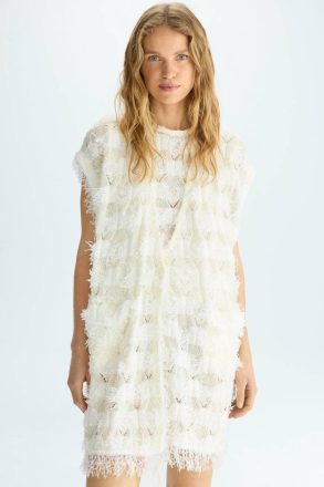 Purificacion Garci Evening Fringed Pointelle Knit Paper Thread Oversize Gilet Ecru Women - Image 5
