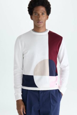 Purificacion Garci Geometric Intarsia Pima Cotton Knit Sweater Men Ecru/Multicolour Sweatshirts