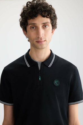 Purificacion Garci Men Stretch-Piqué Half-Zip Slim Fit Polo Shirt Black Polo Shirts - Image 2