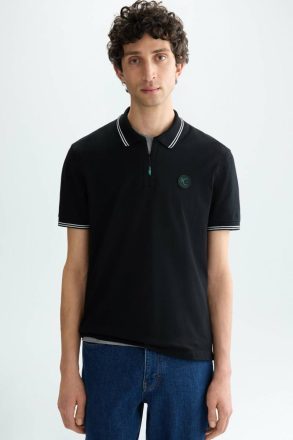 Purificacion Garci Men Stretch-Piqué Half-Zip Slim Fit Polo Shirt Black Polo Shirts