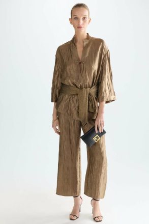 Purificacion Garci Metallic Crinkle Straight-Leg Pyjama-Style Trousers Evening Gold Women - Image 4