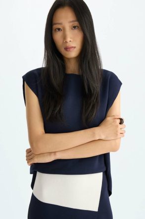 Purificacion Garci Navy/Ecru Women Double-Layered Stretch-Knit Midi Dress Dresses - Image 2