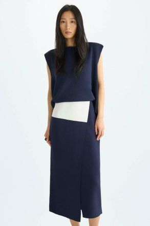 Purificacion Garci Navy/Ecru Women Double-Layered Stretch-Knit Midi Dress Dresses