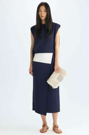 Purificacion Garci Navy/Ecru Women Double-Layered Stretch-Knit Midi Dress Dresses - Image 4