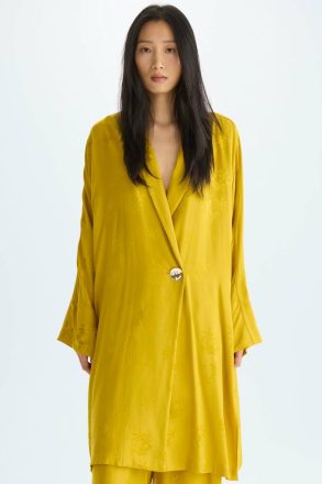 Purificacion Garci Outerwear Women Floral Jacquard Oversize Frock Coat Mustard