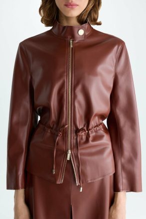 Purificacion Garci Outerwear Women Gathered Waist Faux-Leather Fitted Jacket Brown - Image 2