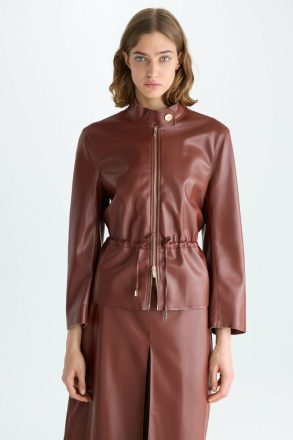 Purificacion Garci Outerwear Women Gathered Waist Faux-Leather Fitted Jacket Brown