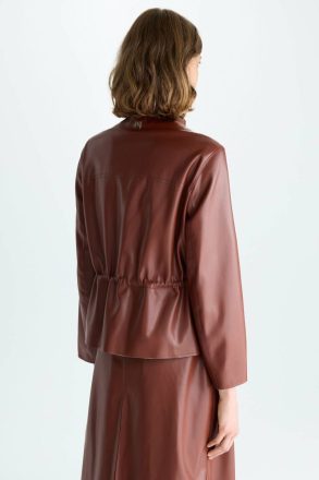 Purificacion Garci Outerwear Women Gathered Waist Faux-Leather Fitted Jacket Brown - Image 3