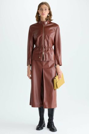 Purificacion Garci Outerwear Women Gathered Waist Faux-Leather Fitted Jacket Brown - Image 4