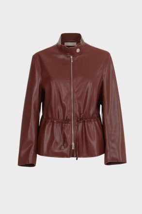 Purificacion Garci Outerwear Women Gathered Waist Faux-Leather Fitted Jacket Brown - Image 5