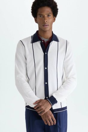 Purificacion Garci Striped Pima Cotton Knit Overshirt White/Navy Outerwear Men