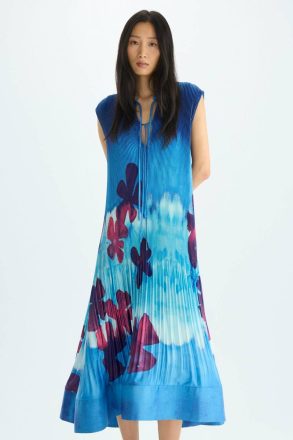 Purificacion Garci Women Blue/Purple Evening Print Micro-Pleated Twill Midi Dress