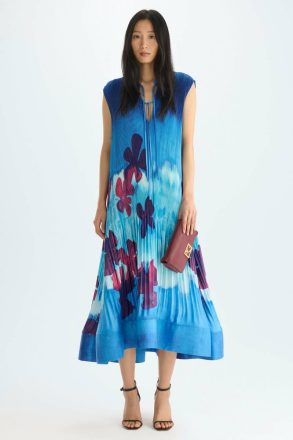 Purificacion Garci Women Blue/Purple Evening Print Micro-Pleated Twill Midi Dress - Image 4