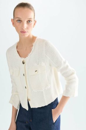 Purificacion Garci Women Buttoned Moss Stitch Straight-Fit Short Jacket Ecru Jackets - Image 2