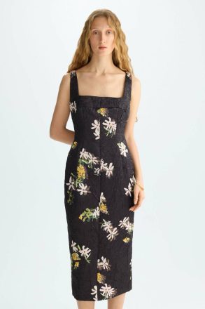 Purificacion Garci Women Florigami Print Crinkle Satin Fitted Midi Dress Black/Multicolor Dresses