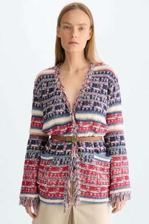 Purificacion Garci Women Navy/Red/Ecru Knitwear Fringed Striped Woven Straight-Fit Cardigan